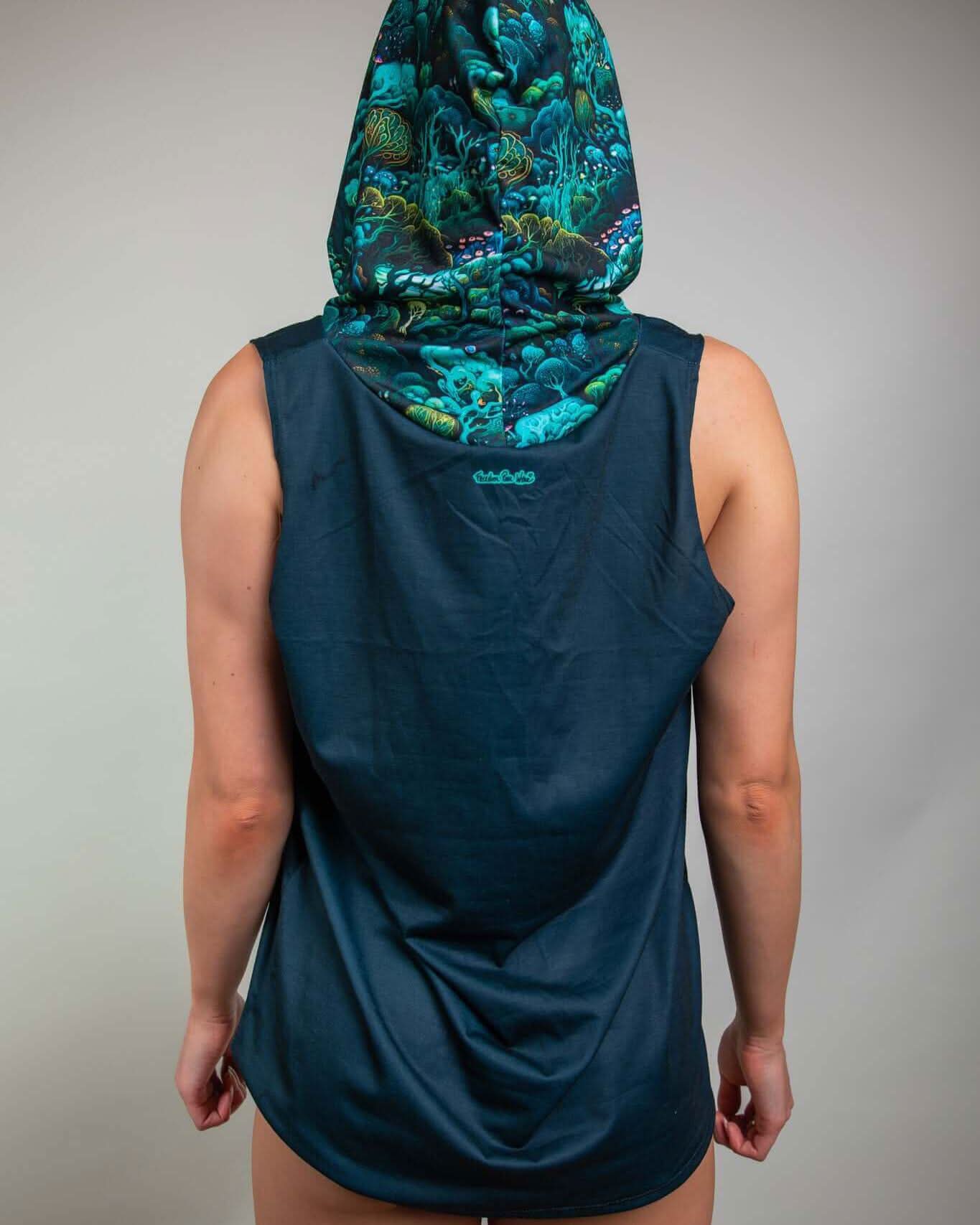 Back view of Faewood Tank Top with Hood, featuring vibrant enchanted forest design, perfect for rave outfits.