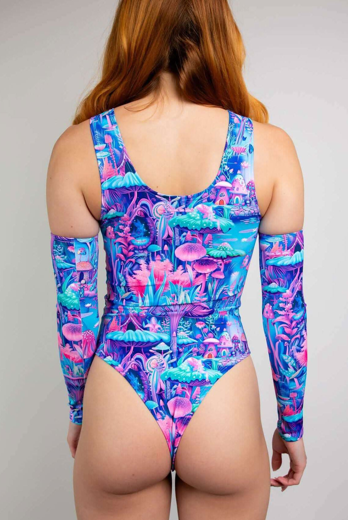 Fairycore High Neck Bodysuit in vibrant blue and pink print, featuring long sleeves and a thong back for rave outfits.