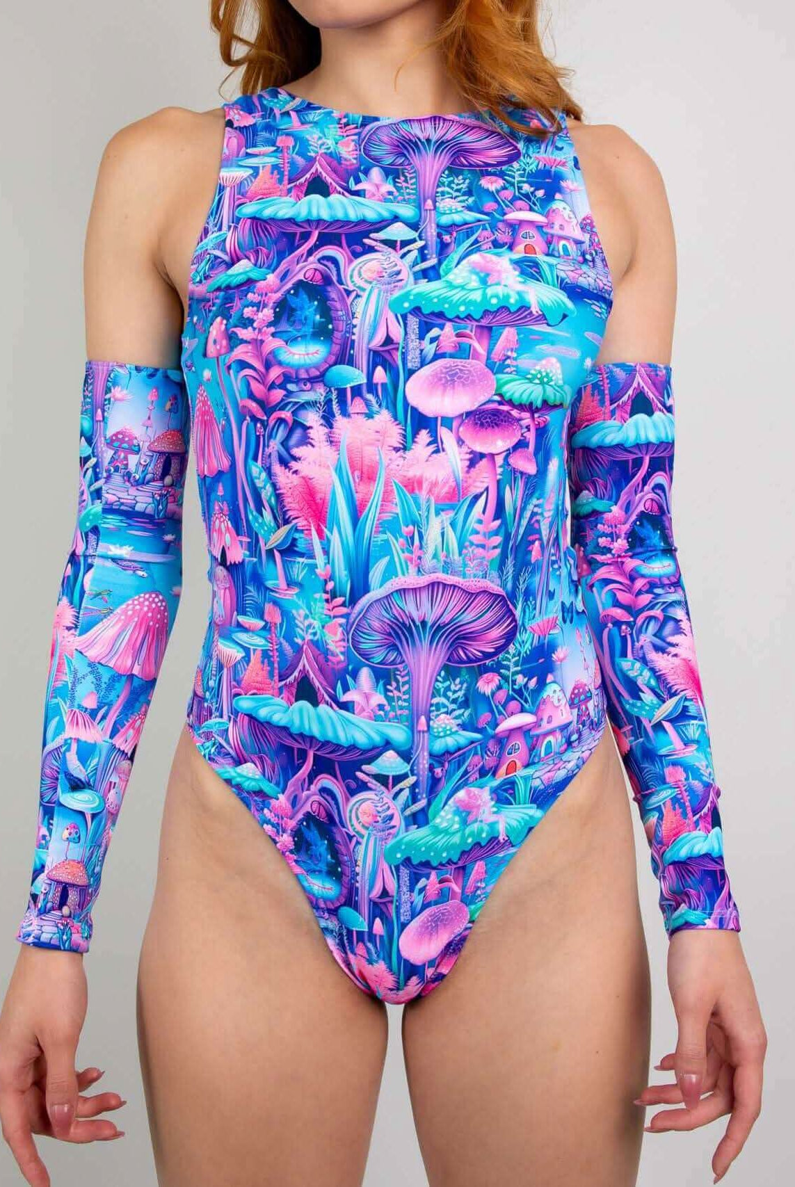Fairycore high neck bodysuit in vibrant mushroom print, perfect for rave outfits and eco-friendly fashion.