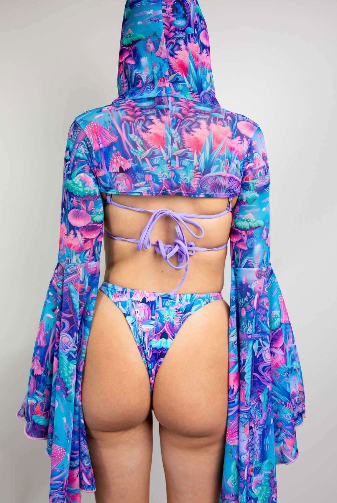 Fairycore mesh hooded bell sleeves in vibrant blue, pink, and purple, perfect for rave outfits and festivals.