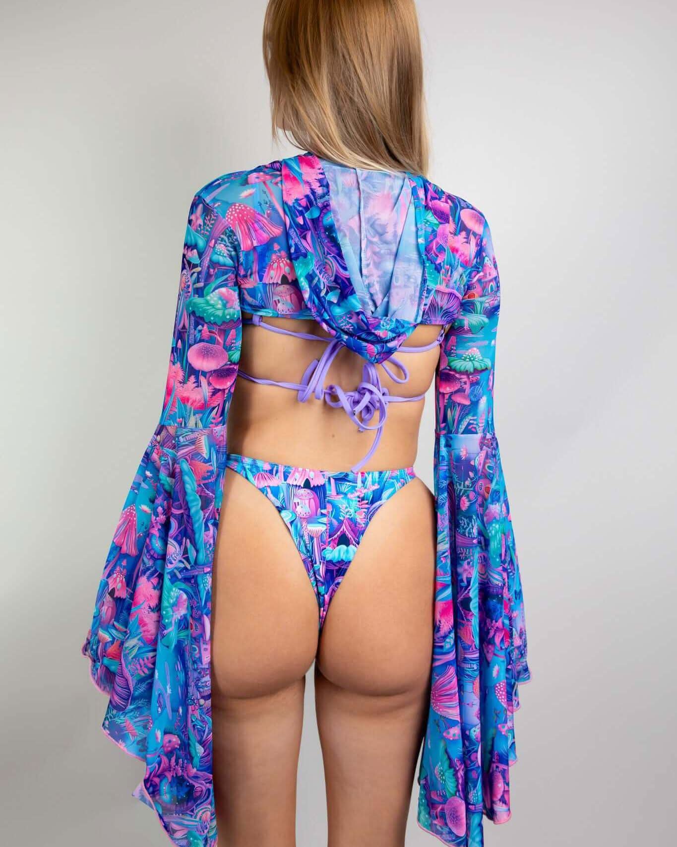 Fairycore mesh hooded bell sleeves with vibrant print, ideal for rave outfits and festivals.