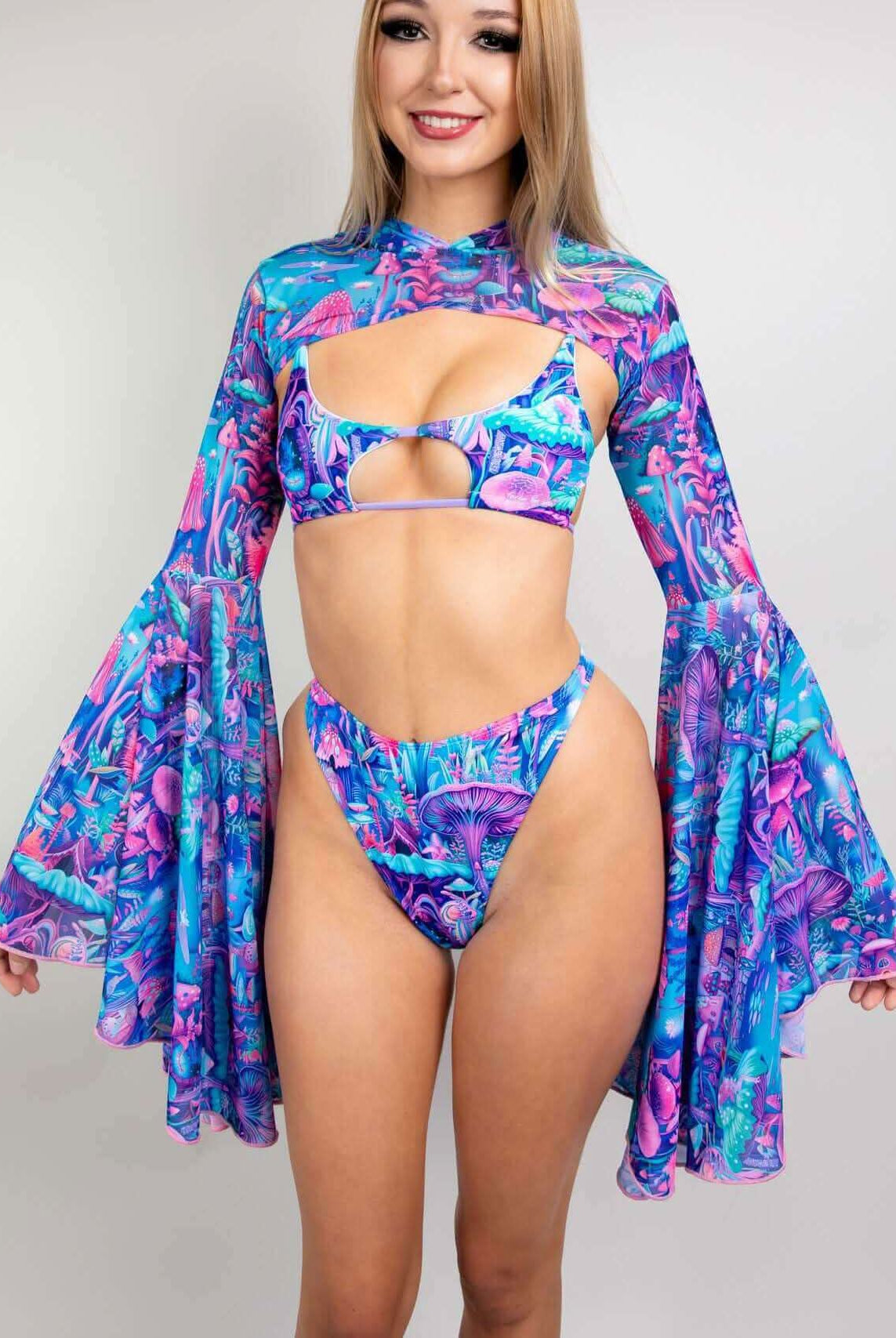 Fairycore mesh hooded bell sleeves rave outfit in vibrant pink, blue, and purple, perfect for festivals and parties.