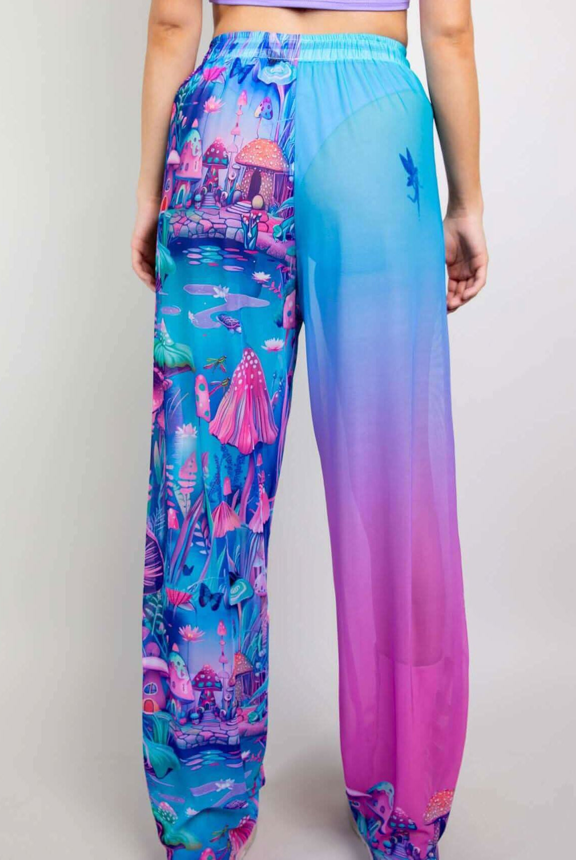 Fairycore Mesh Lucy Pants in vibrant colors with a whimsical print, perfect for rave outfits and comfort.