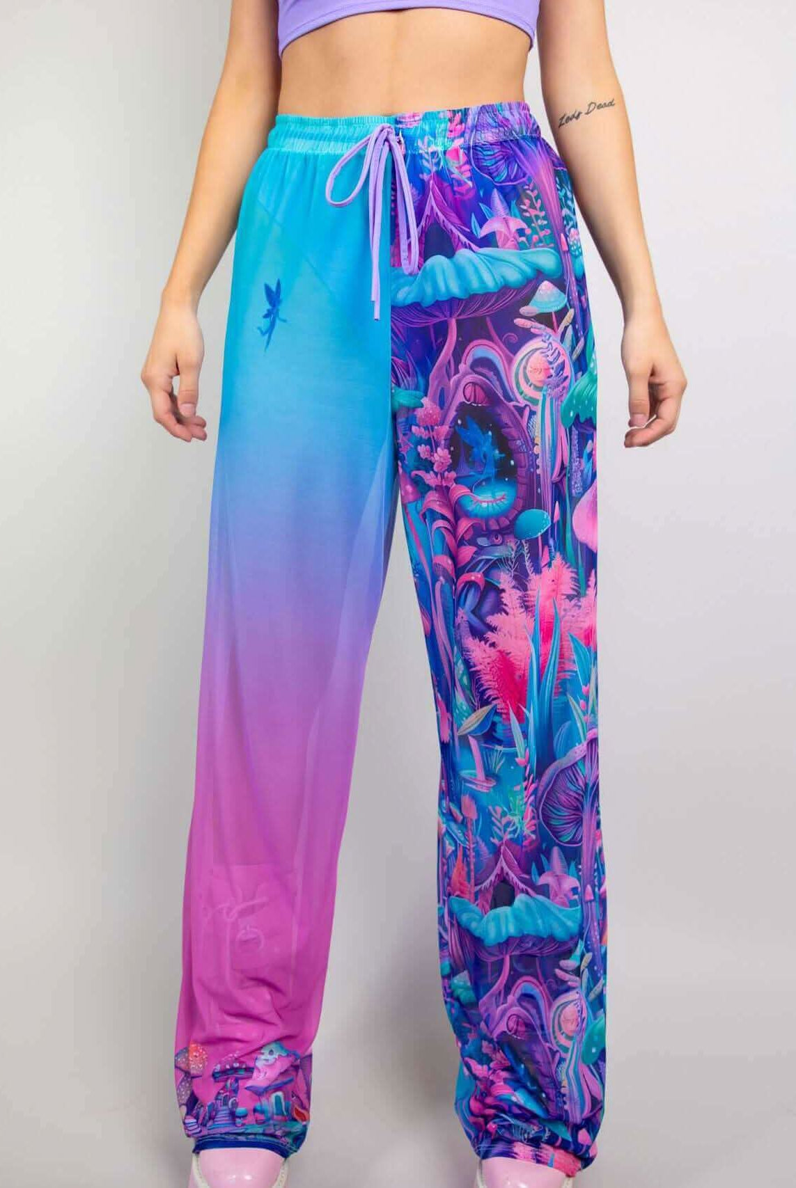 Fairycore Mesh Lucy Pants in vibrant pink and blue, featuring a whimsical print, perfect for rave outfits and relaxation.