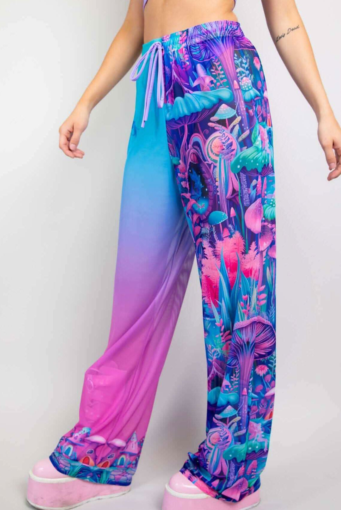 Fairycore Mesh Lucy Pants in vibrant colors, featuring playful prints, ideal for rave outfits and stylish comfort.