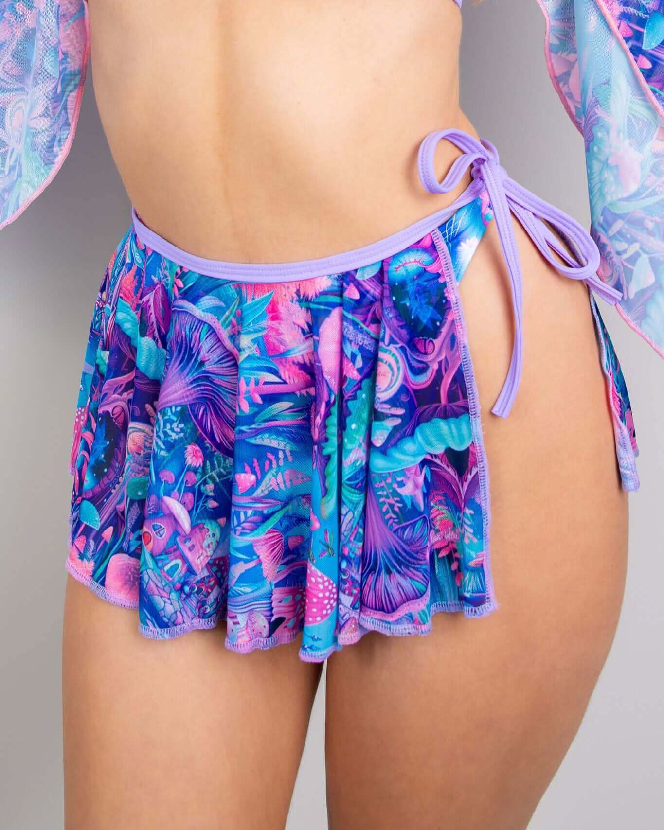 Vibrant fairycore mesh swirl skirt with tropical print, perfect for rave outfits and stylish layering options.