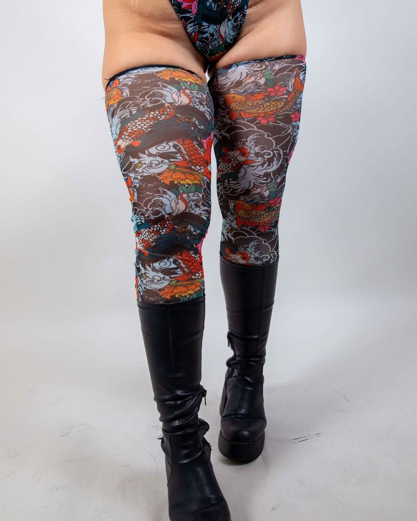 Front view of Good Fortune Mesh Leg Sleeves, showcasing their form-fitting style and secure elastic band at the top.