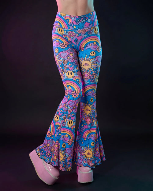 Groovy Bell Bottoms in a vibrant psychedelic pattern with smiley faces and rainbows, perfect for a rave festival.