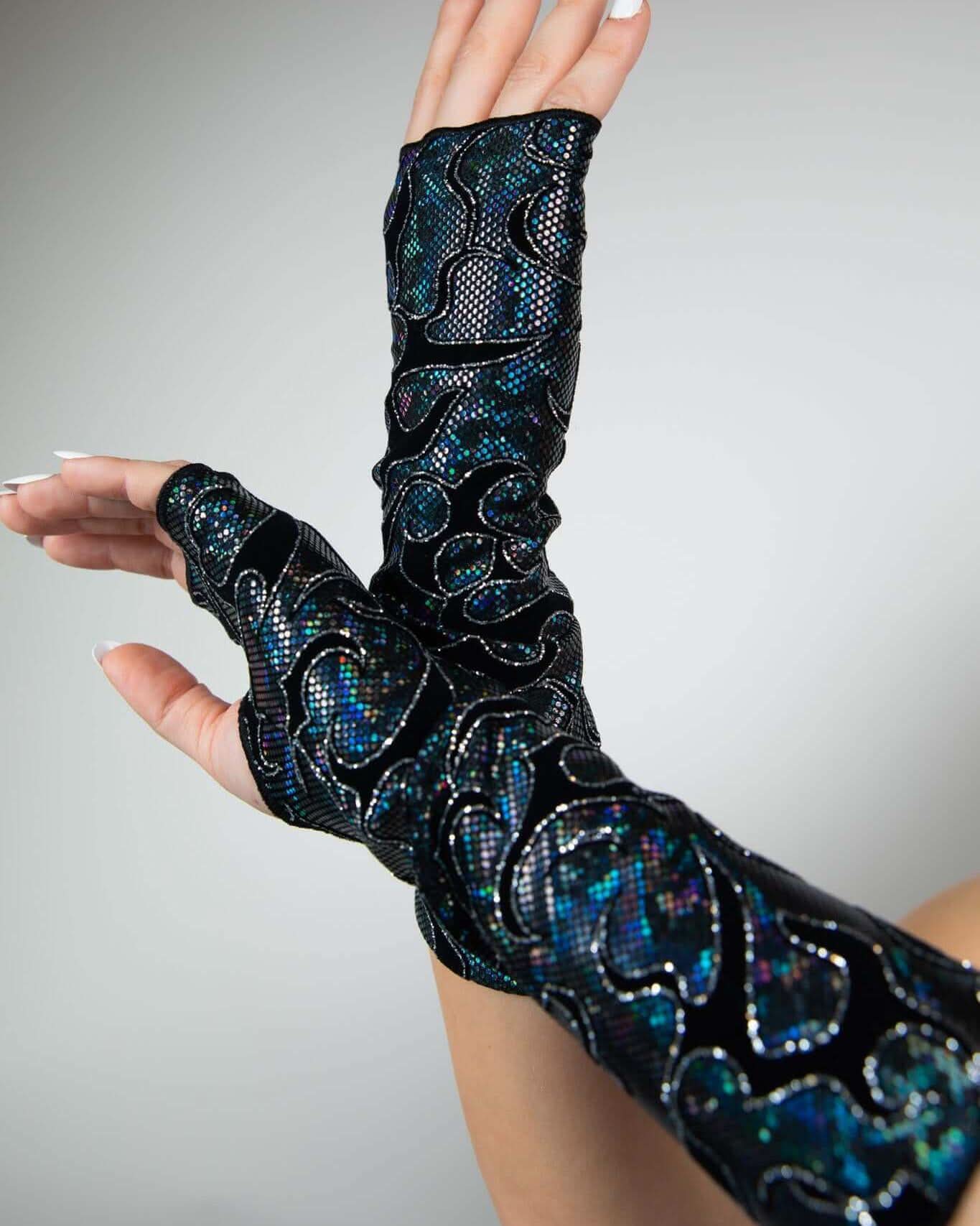 Hellcat gloves with thumb holes and over-the-wrist design, perfect for rave outfits and stylish dance performances.