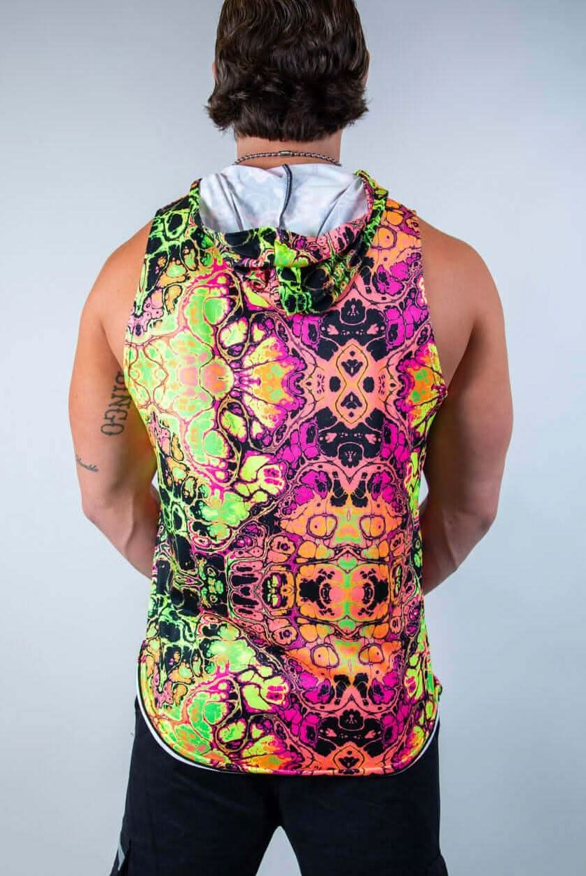 Back view of Intensity Men's Tank Top with Hood in vibrant multicolor pattern, ideal for rave outfits.