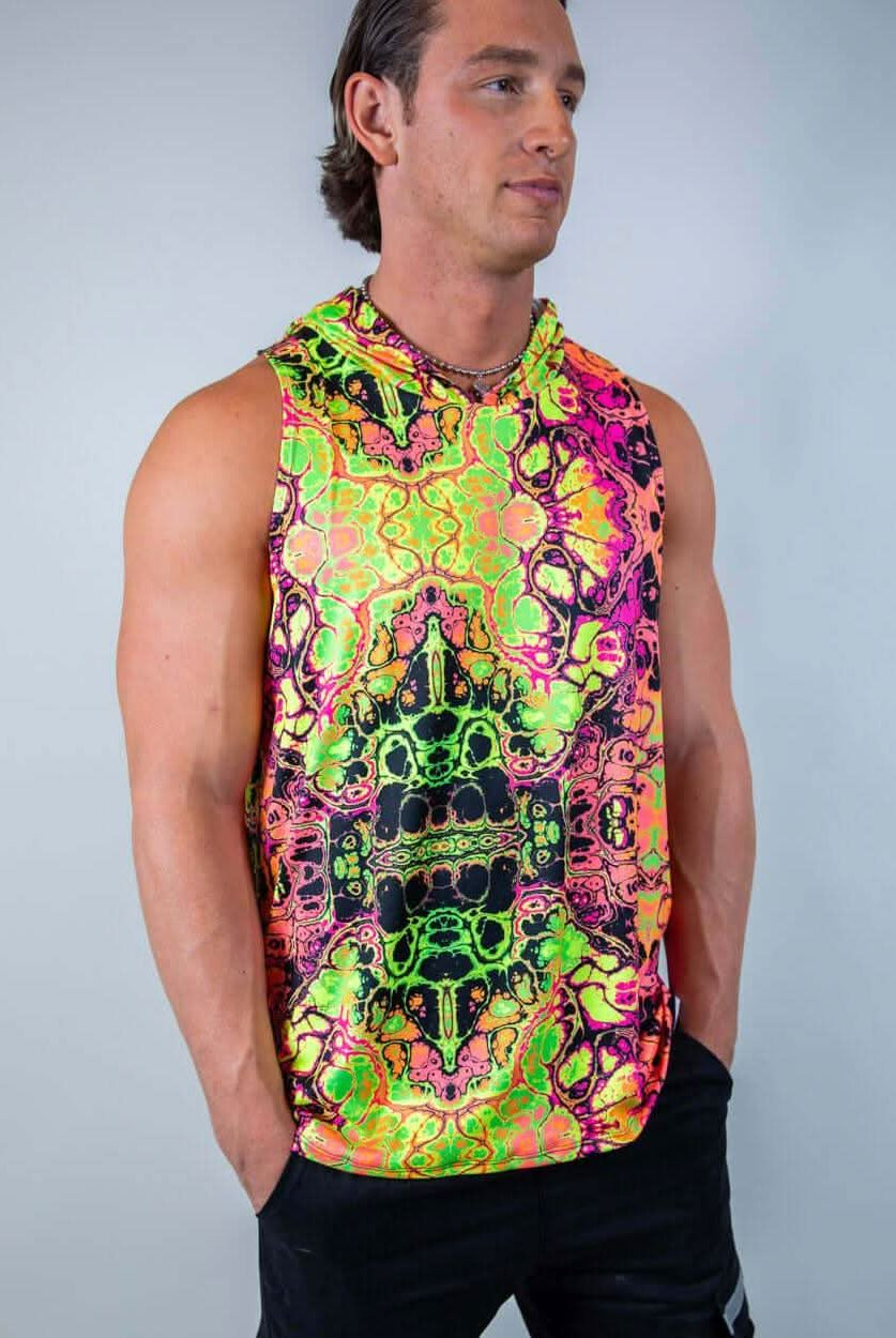 Intensity Mens Tank Top with Hood in vibrant neon colors, perfect for rave outfits and casual wear.