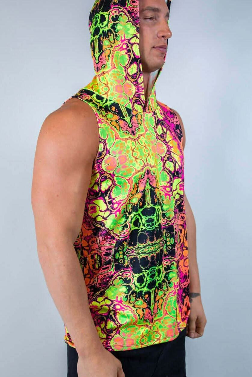 Intensity Men's tank top with hood in vibrant neon skull print, perfect for rave outfits and casual wear.