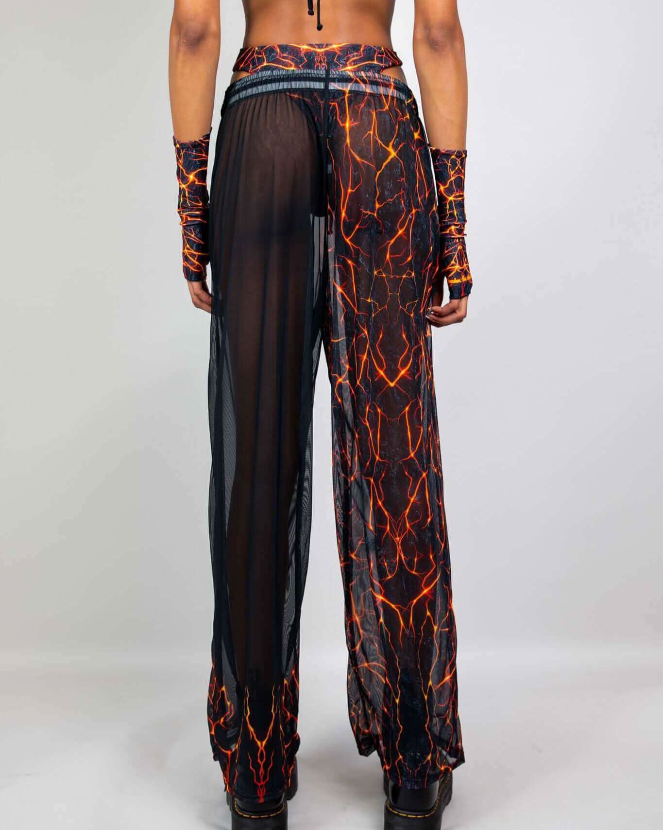 Magma Mesh Lucy Pants with lava print, back view showcasing breathable mesh fabric and wide-leg design, perfect for rave outfits.