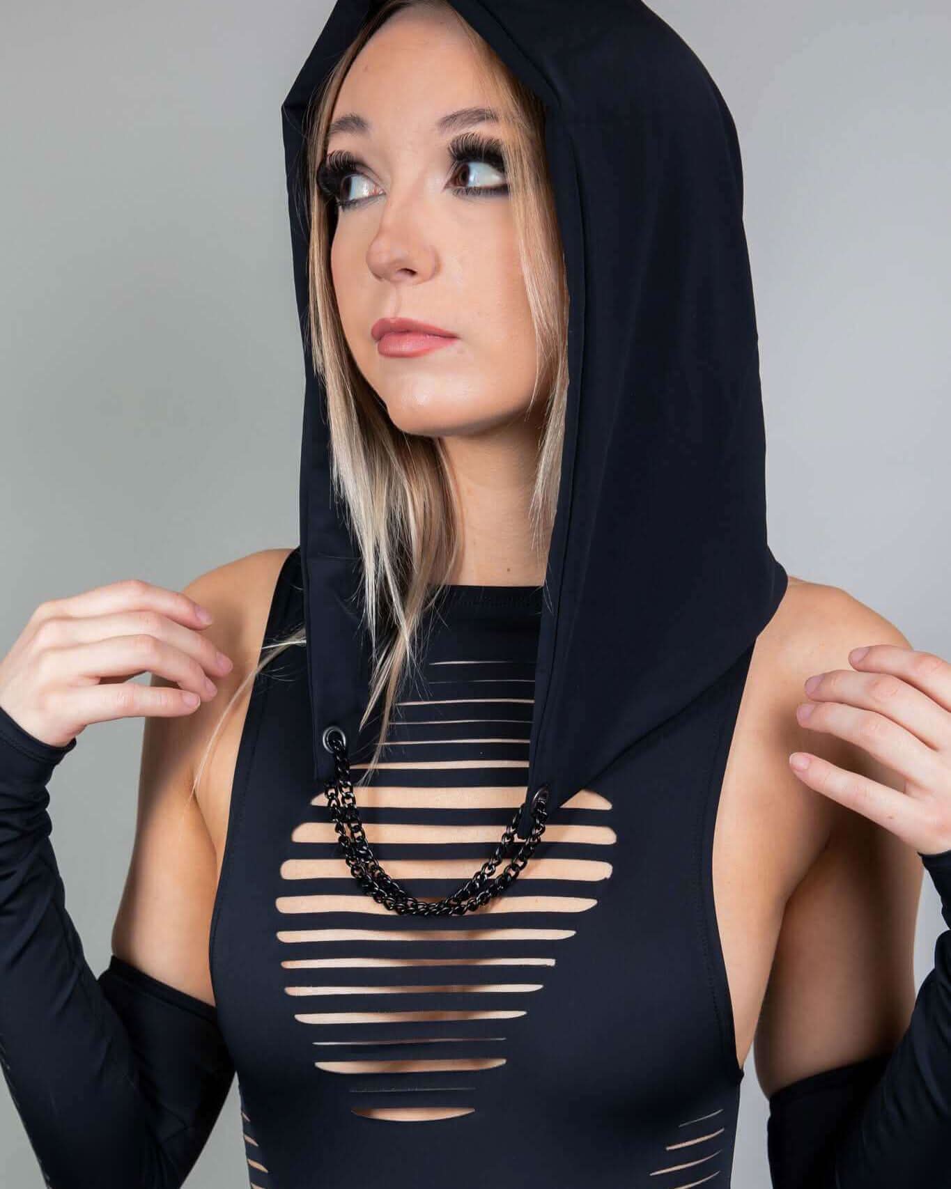 Matte black festival hood with chain, perfect for rave outfits and protection from the elements.