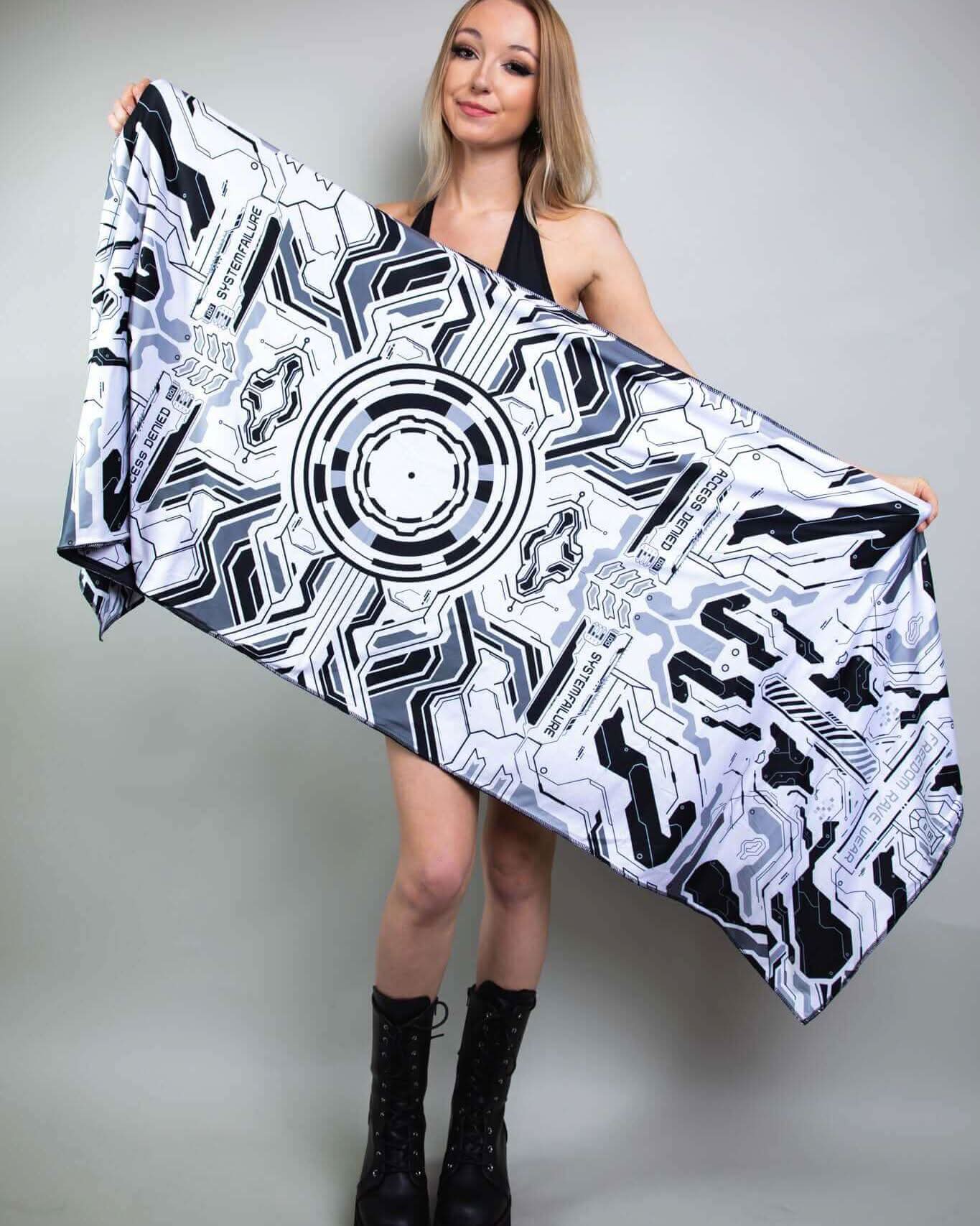 Model showcasing the Mechanoid Reversible Festival Scarf with a high-tech design, perfect for rave outfits and summer festivals.