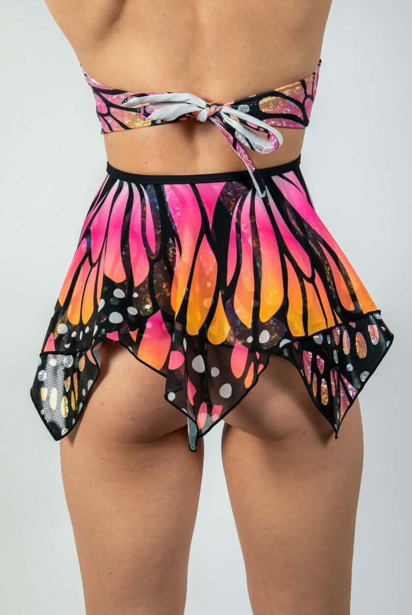 Back view of a UV reactive Monarch Fairy Skirt with butterfly print, perfect for rave outfits and clothing.