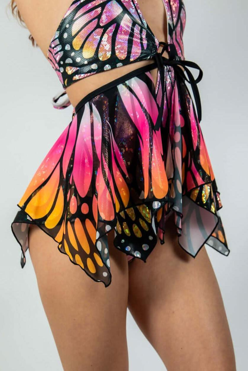 Monarch Fairy Skirt with vibrant butterfly design, UV reactive fabric, perfect for rave outfits and playful festival fashion.