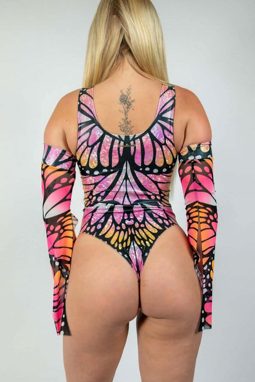 Back view of the Monarch Keyhole Bodysuit showcasing vibrant butterfly design, ideal for rave outfits and clothing.