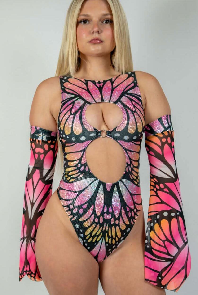 Monarch Keyhole Bodysuit featuring vibrant butterfly design, perfect for rave outfits and unique fashion statement.
