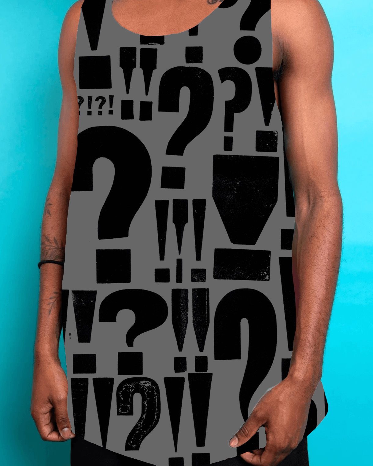 Mystery Unisex Top featuring bold question marks and exclamation points design, perfect for unique rave outfits.