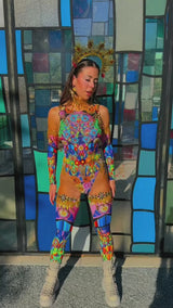 rave girl poses confidently in a colorful rainbow rave outfit with intricate gold accessories in front of a stained glass backdrop 