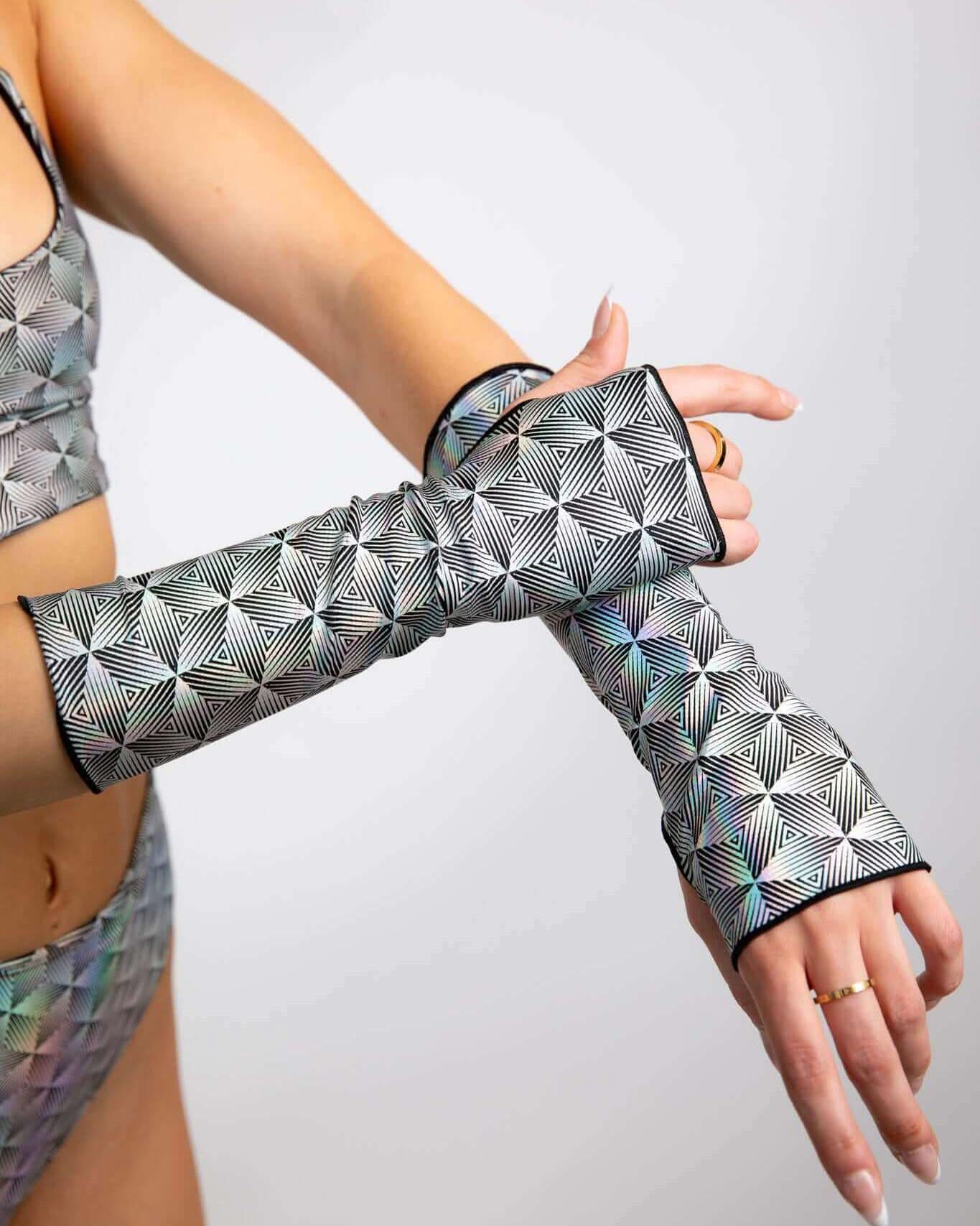 Model showcasing Prism Gloves with a stylish geometric pattern, perfect for rave outfits and enhancing any baddie's wardrobe.