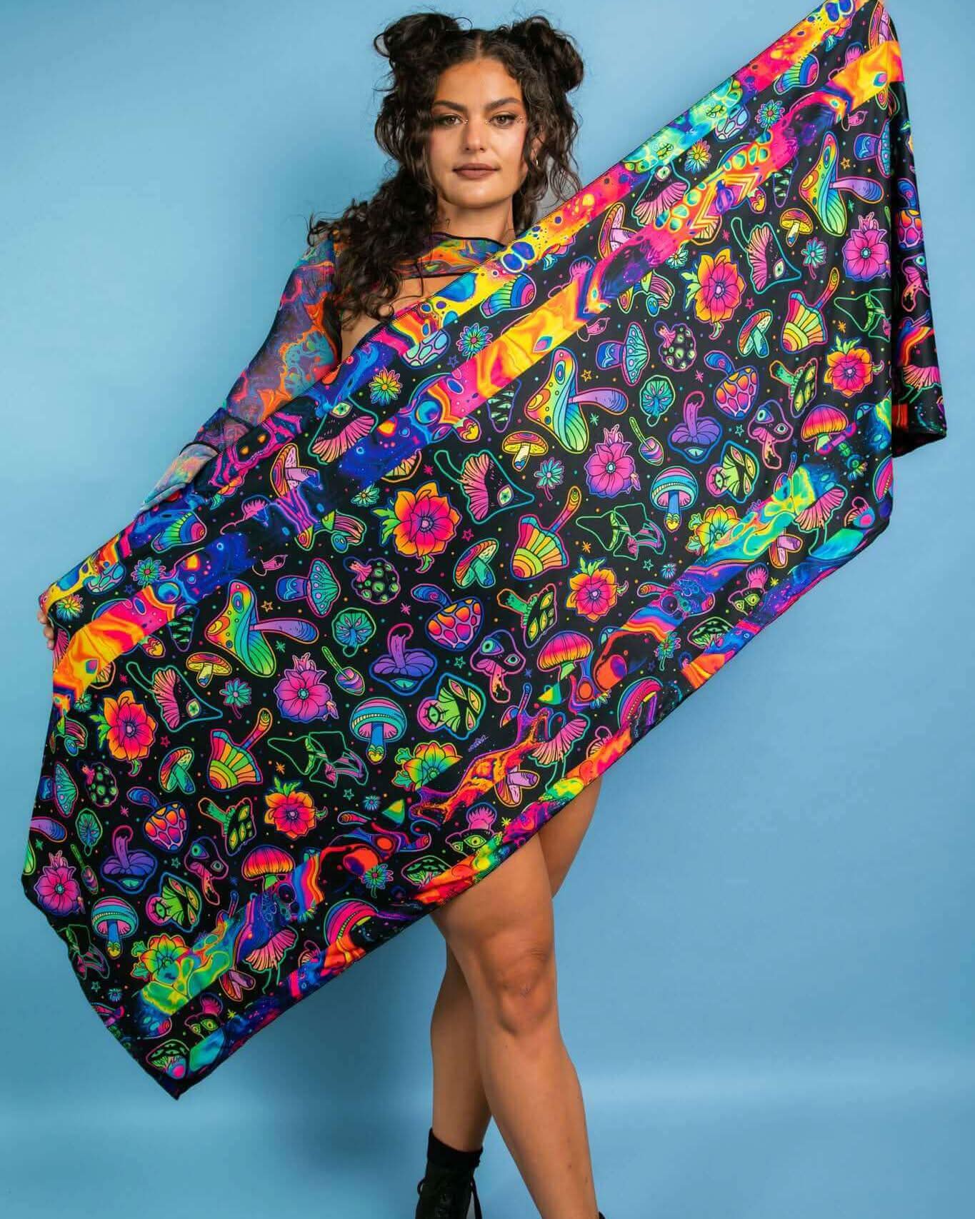 Model showcasing the Vivid Shroomie! Festival Scarf with vibrant floral and psychedelic patterns, perfect for rave outfits.