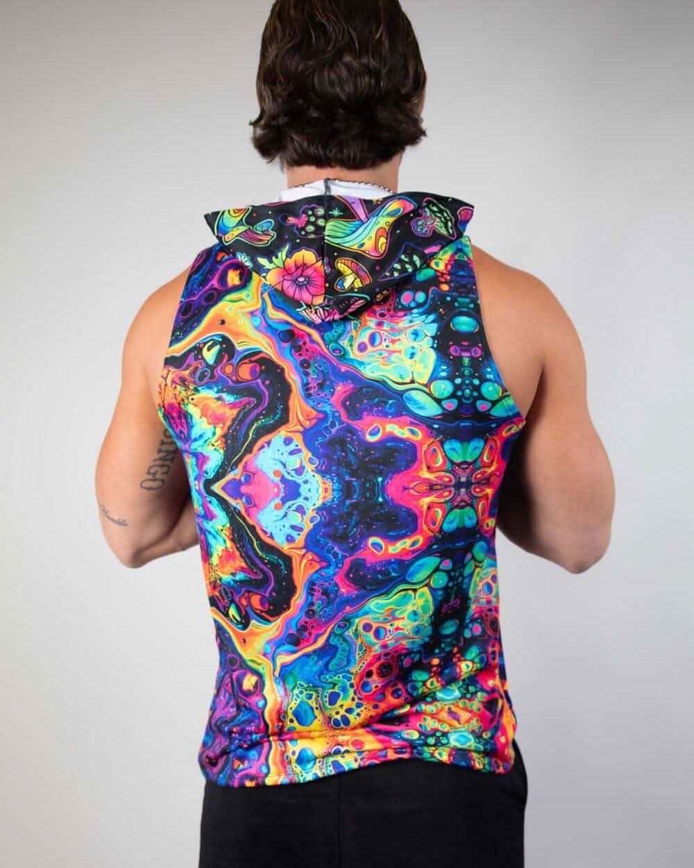 Vivid Shroomie! Hooded tank top showing colorful psychedelic design, perfect for rave outfits and stylish festival clothing.