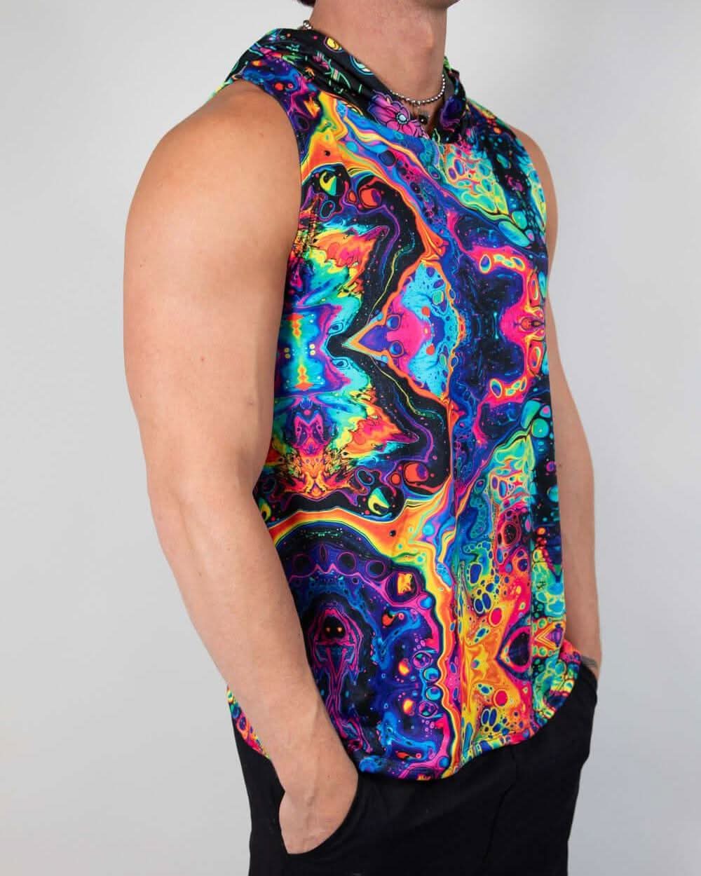 Vivid Shroomie unisex hooded tank top in colorful psychedelic design, perfect for rave outfits and style.