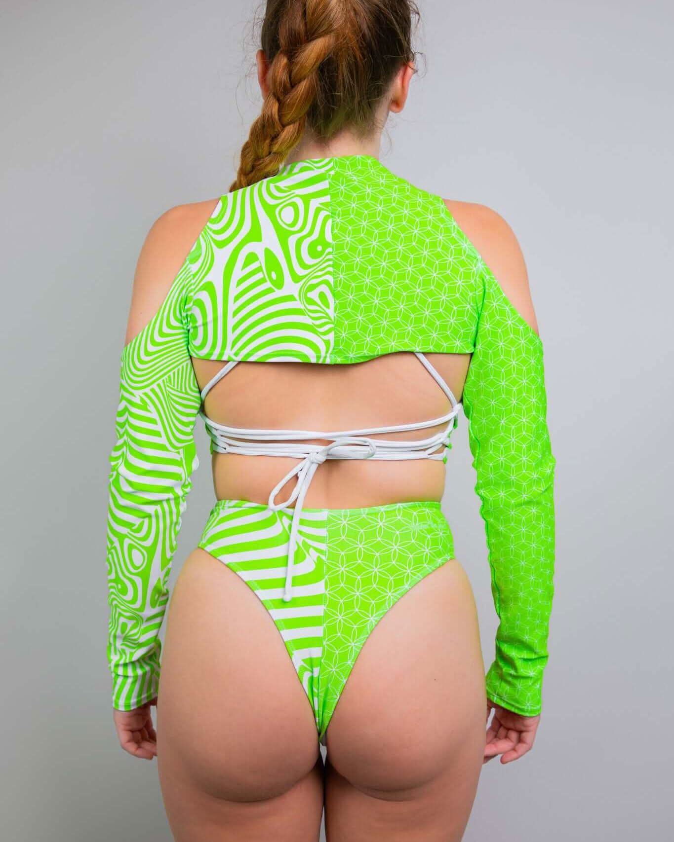Neon green duality sleeves and bikini set, perfect for rave outfits, showcasing a unique shoulder cutout design.