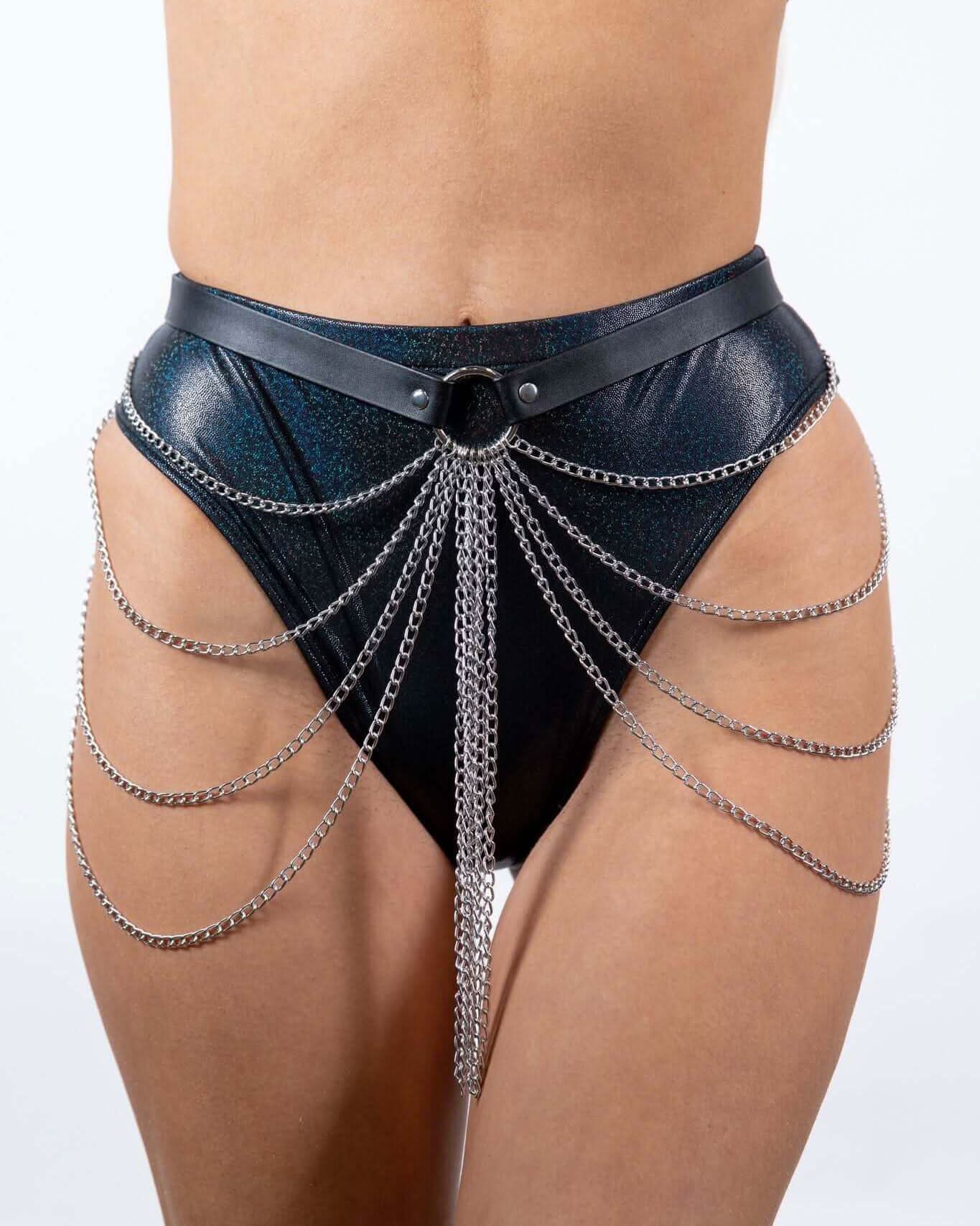 Bad B*tch Body Chain featuring faux leather and lightweight chain, perfect for rave outfits and festivals.