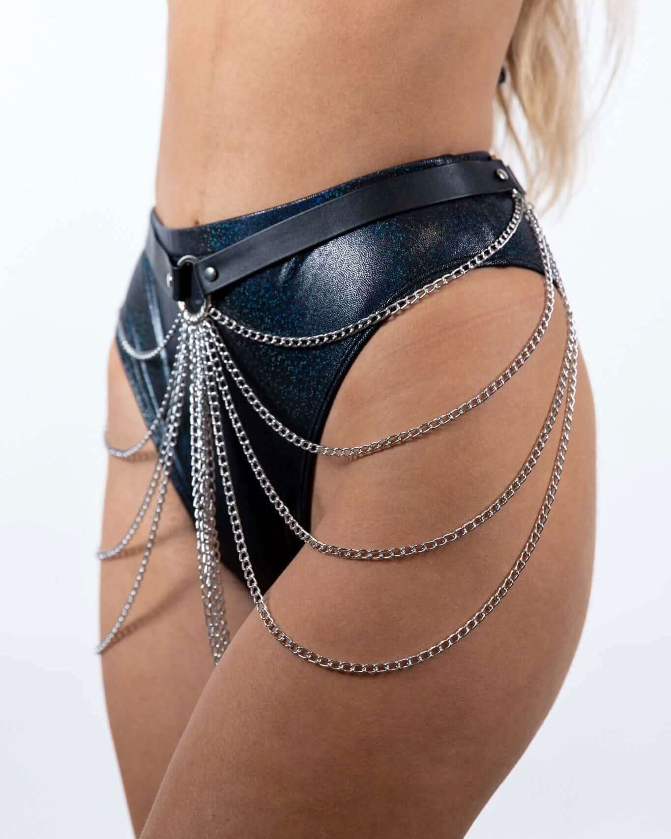 Bad B*tch Body Chain with faux leather belt and silver lightweight chains, perfect for rave outfits and festivals.