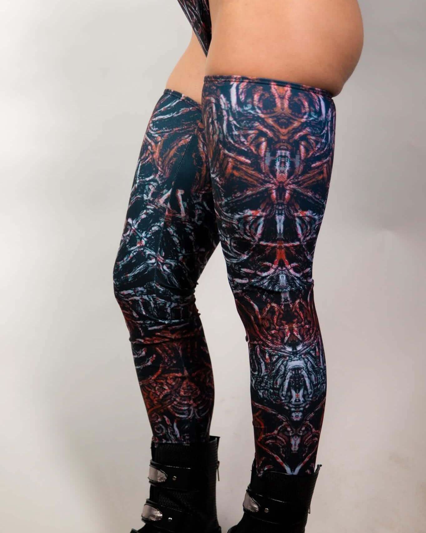 FRW Darkness leg sleeves featuring unique patterned design, ideal for rave outfits and dance in the shadows.