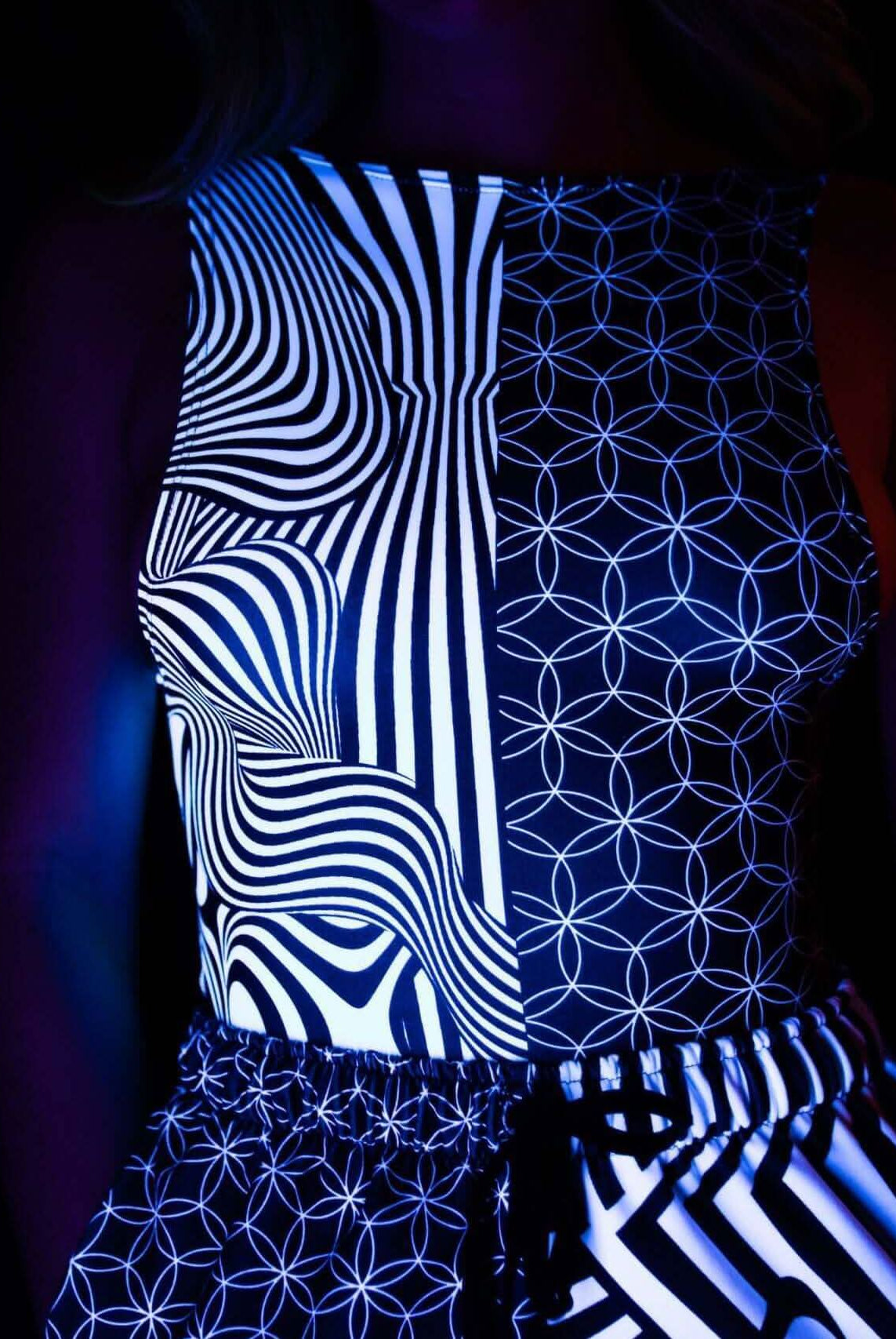 Duality Sideboob Bodysuit in black and white pattern, perfect for rave outfits at EDM festivals.