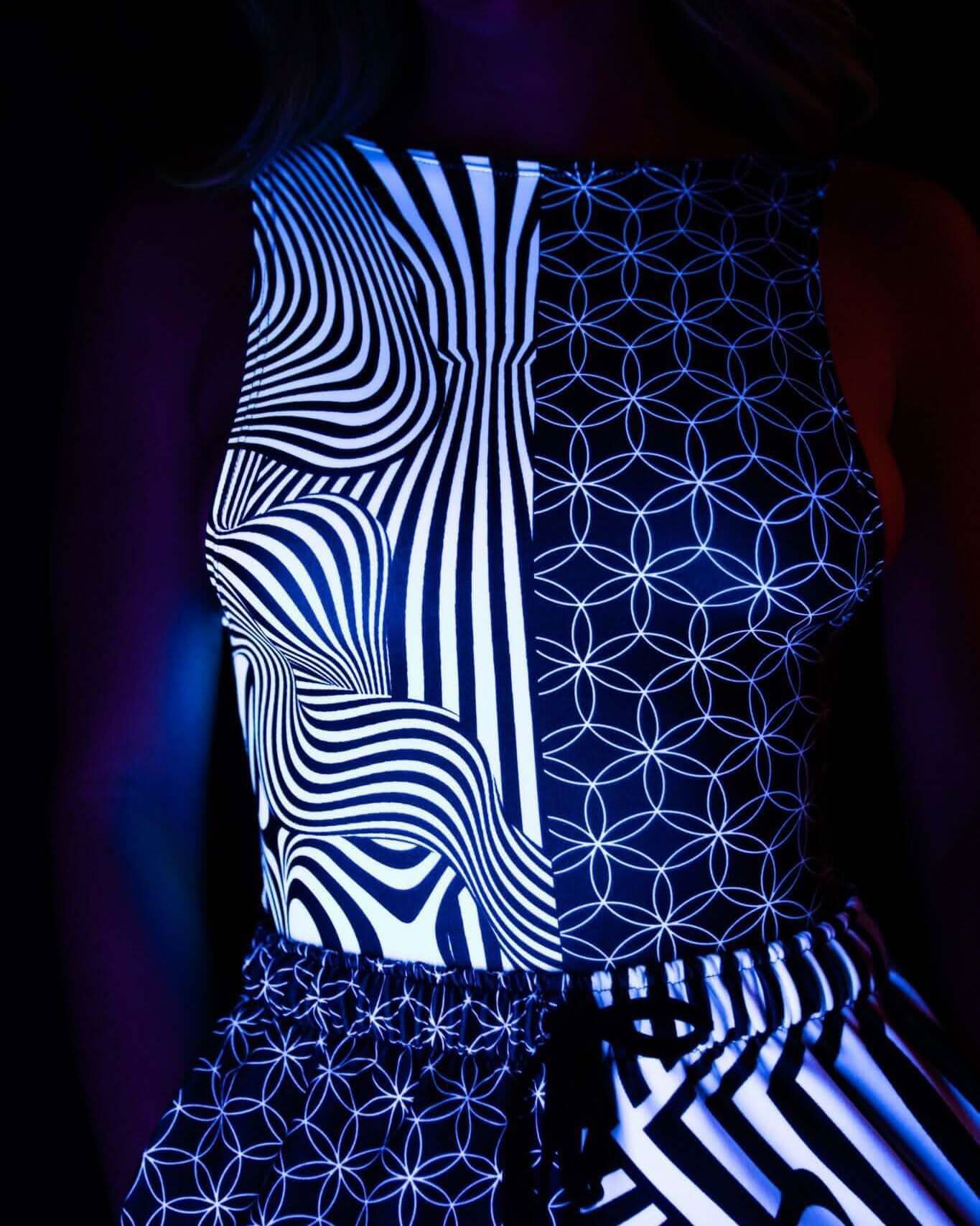 Duality Sideboob Bodysuit in black and white pattern, perfect for rave outfits at EDM festivals.