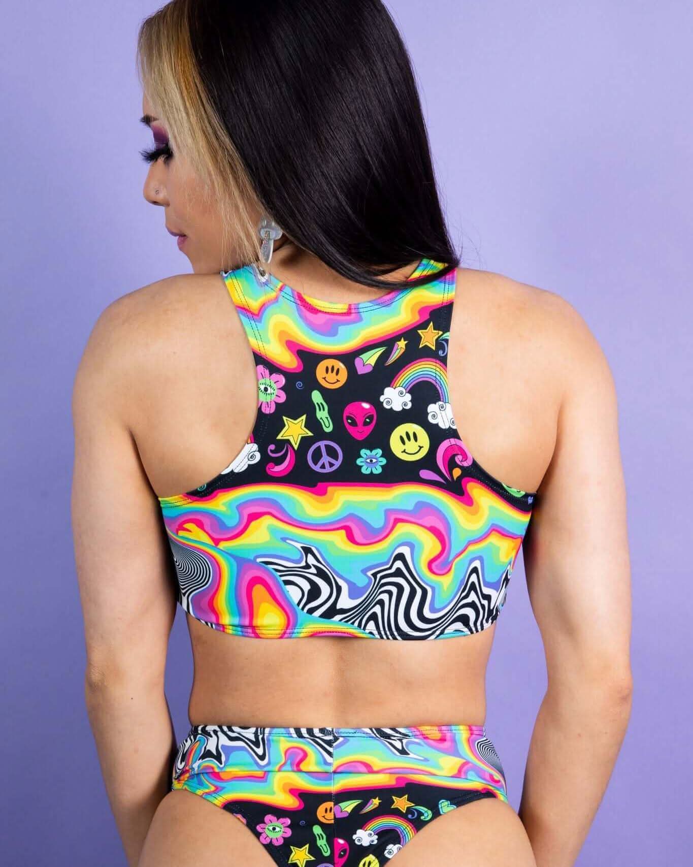 Back view of HAPPIER Teaser Top featuring colorful rainbow design, ideal for unique rave outfits and EDM lovers.