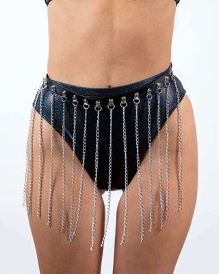 Stylish rave outfit with silver chain detailing on a high-waisted black faux leather bottom. Perfect for dance festivals.