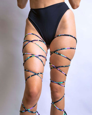 Stylish Mushies leg wraps in vibrant colors, perfect for rave outfits and festival accessories. One size fits all.