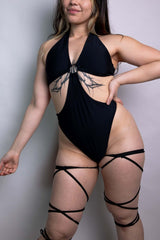 Matte Black O-Ring Bodysuit Freedom Rave Wear Size: X-Small