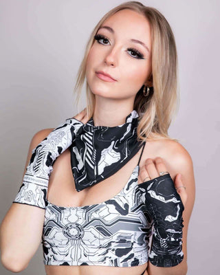 Stylish model wearing a Mechanoid Bandana with robotic design, perfect for rave outfits and futuristic fashion.