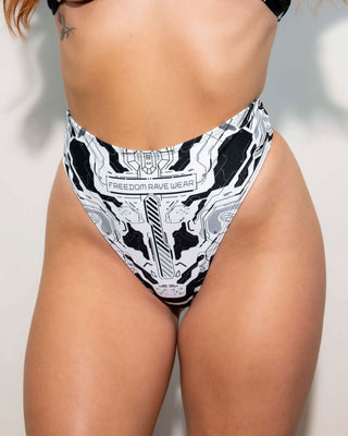 Mechanoid High Waisted Thong in white with geometric patterns, perfect for stylish rave outfits and eco-friendly fashion.