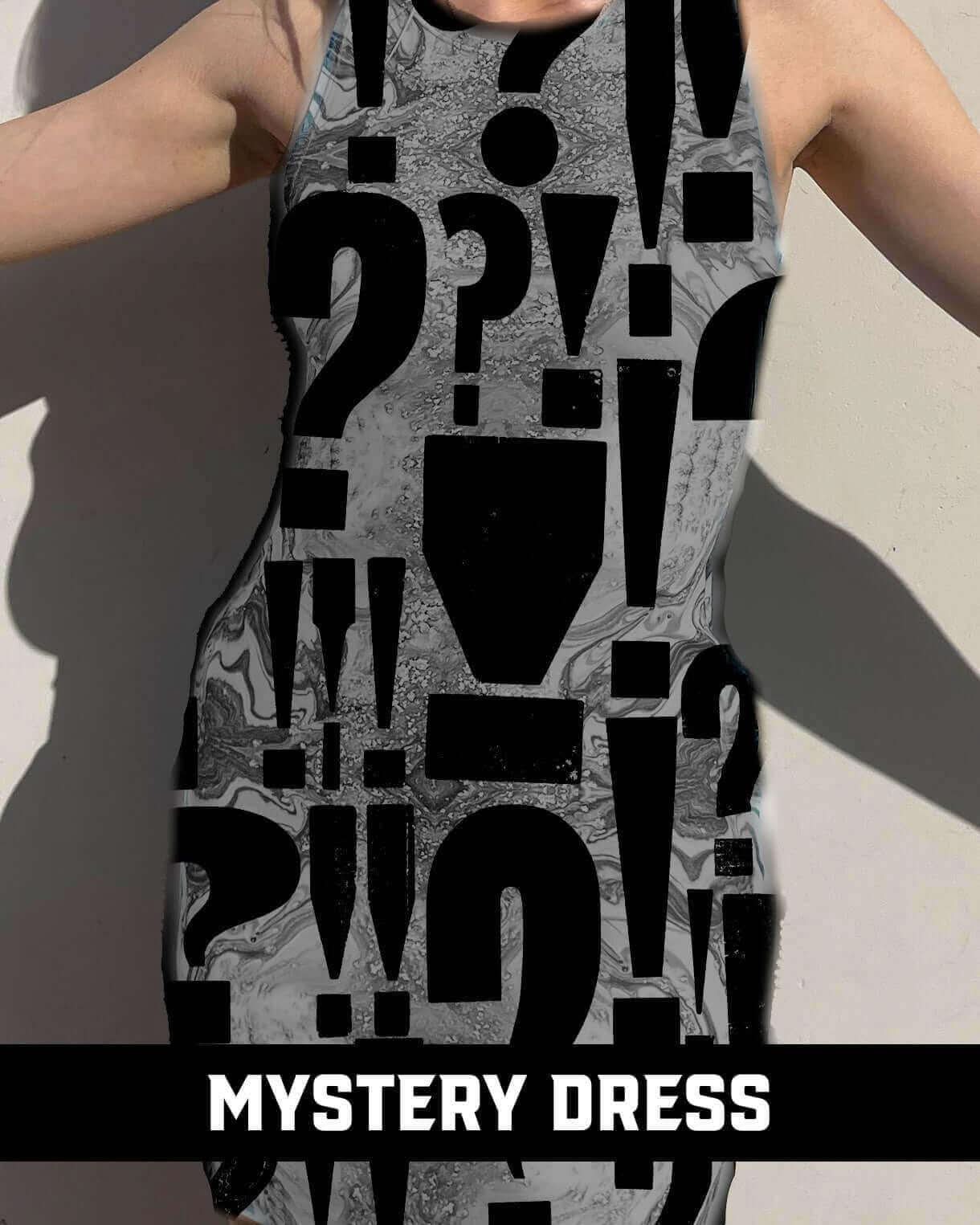 Model wearing Mystery Dress featuring bold graphic patterns, perfect for rave outfits and unexpected fashion flair.