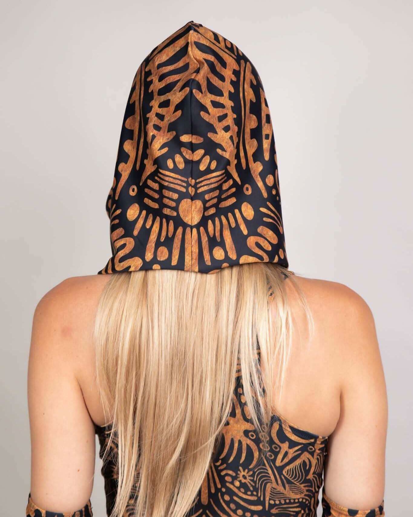 Primal Assassin Hood showcasing unique tribal pattern, perfect for rave outfits and festival accessories.