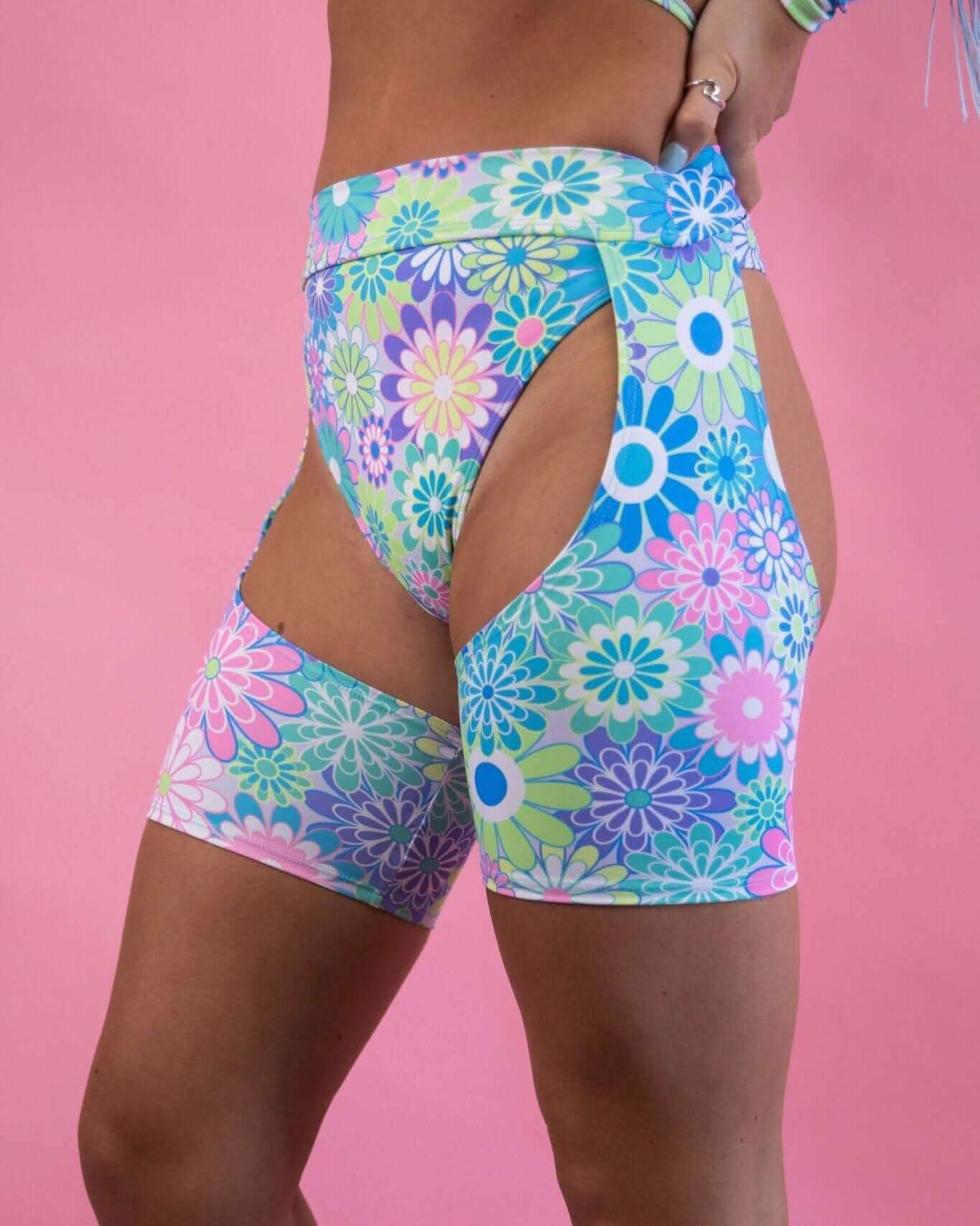 Retro Bloom Chaps with pastel flower print, high waist, and cutout design, perfect for rave outfits and extreme booty lift.