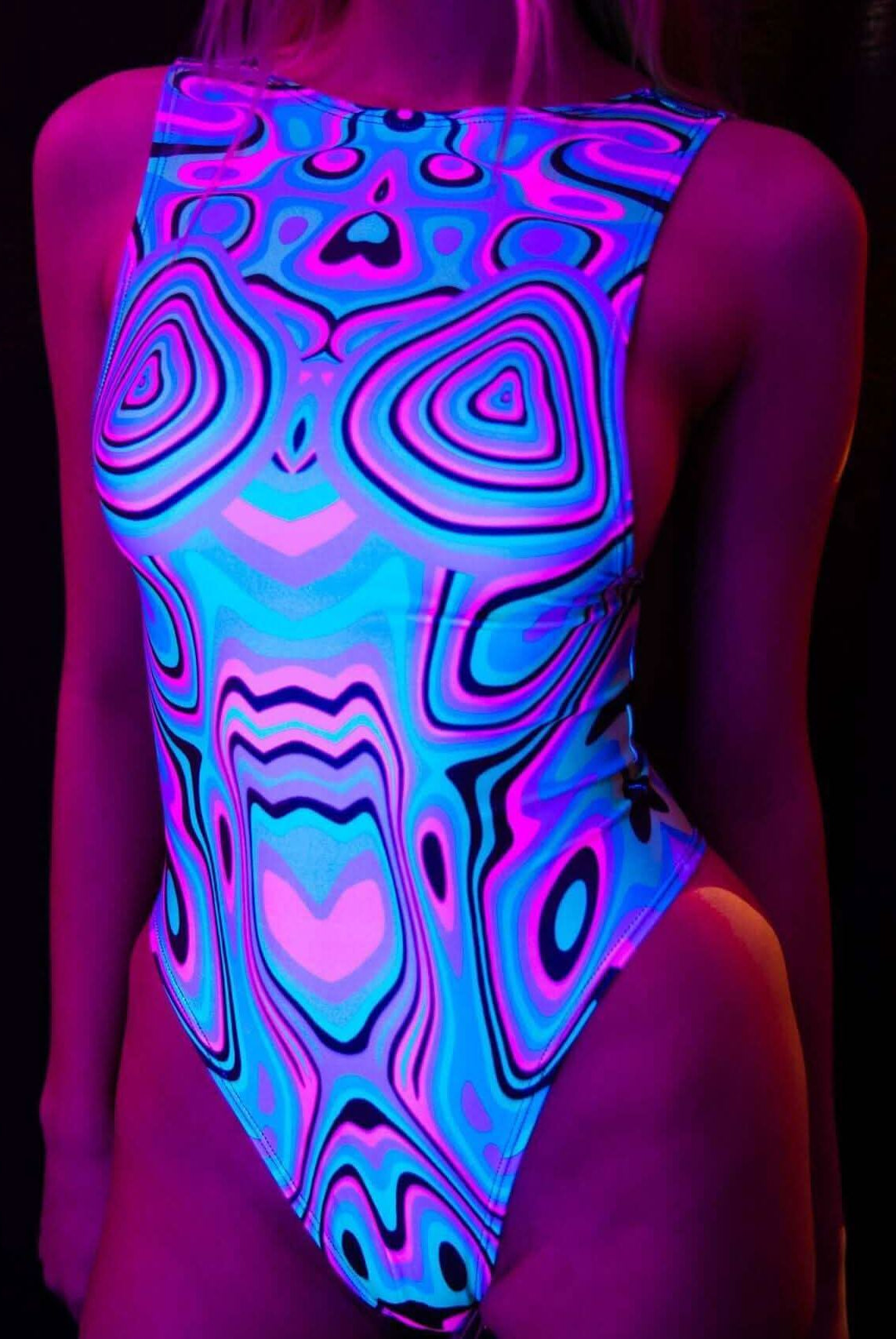 Colorful blacklight reactive bodysuit featuring unique swirling patterns, ideal for rave outfits and nighttime events.