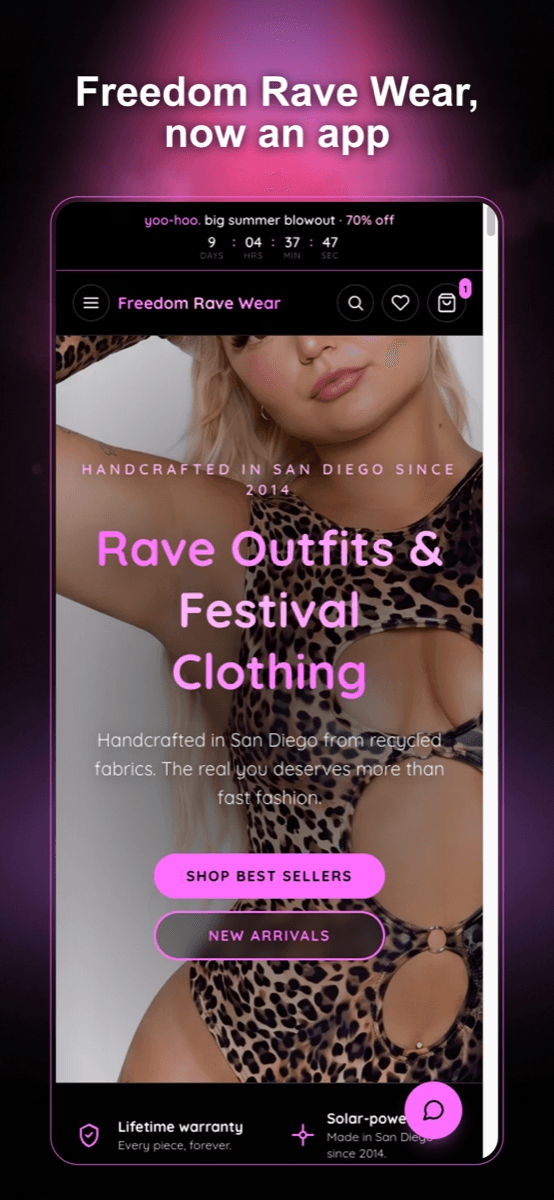 Freedom Rave Wear app home