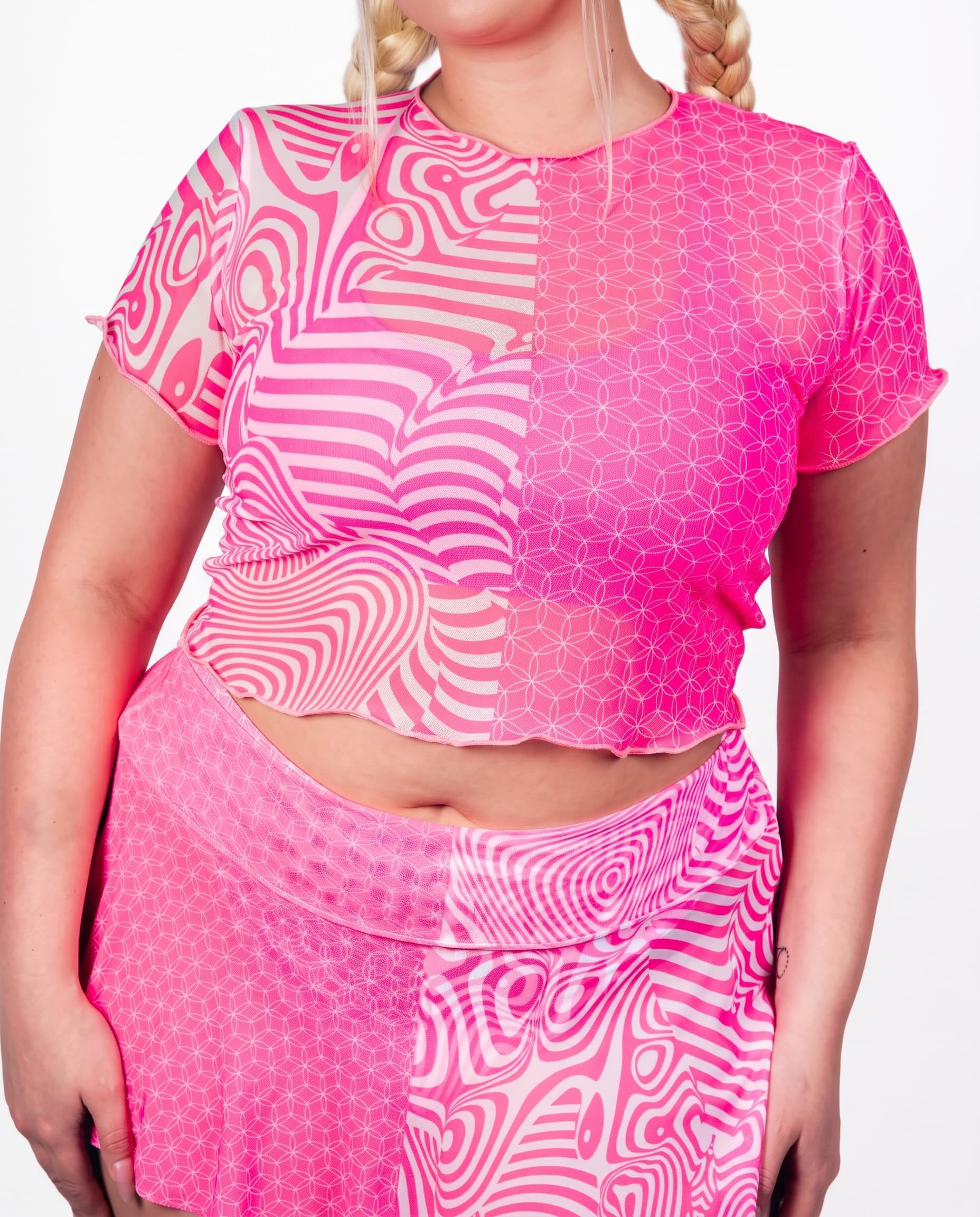 Electricity Mesh Baby Tee, front view showing pink and white split patterns, short sleeves and a lettuce hem