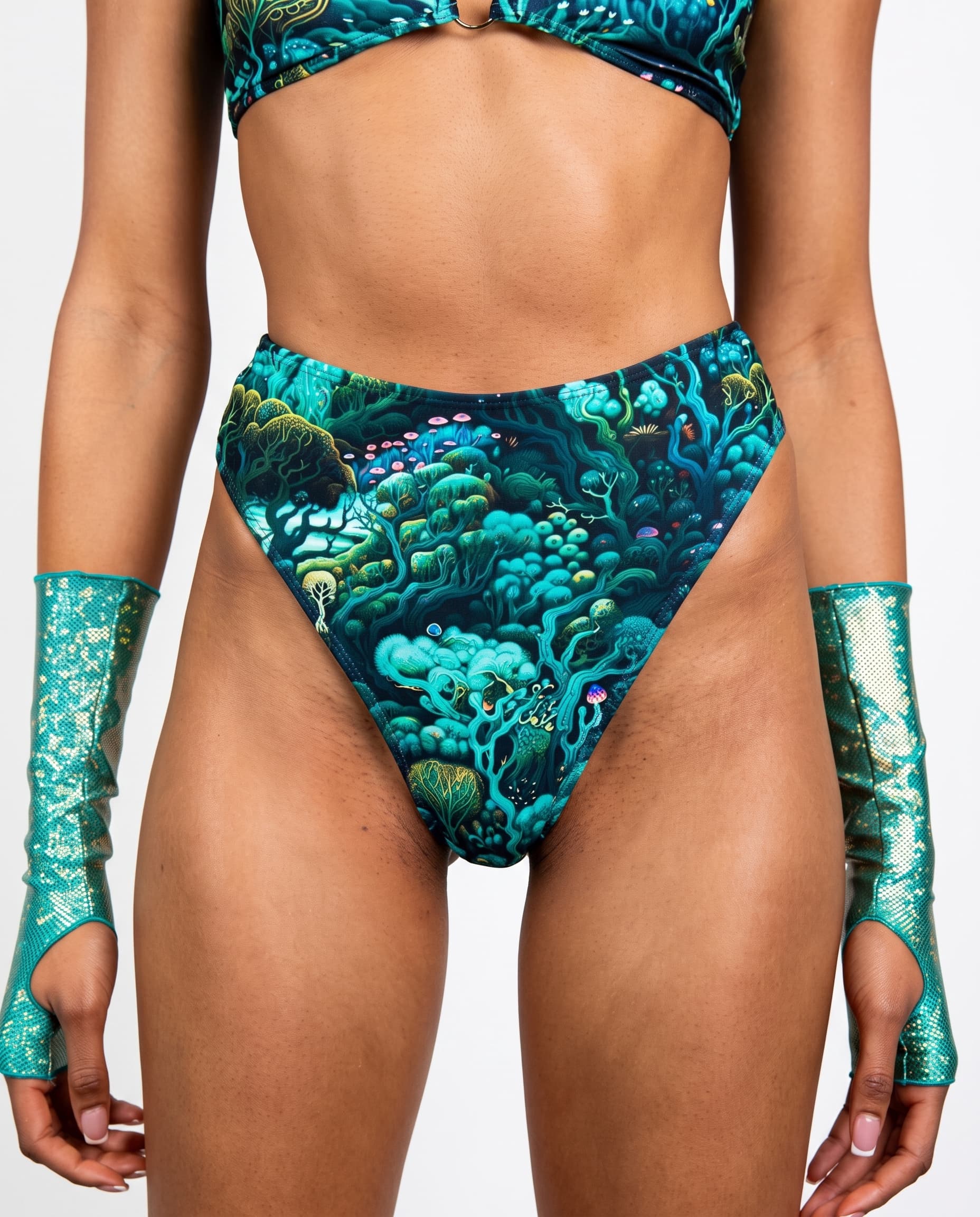 Faewood High Waisted Thong, front view showing teal forest print, high waist and high-cut leg openings