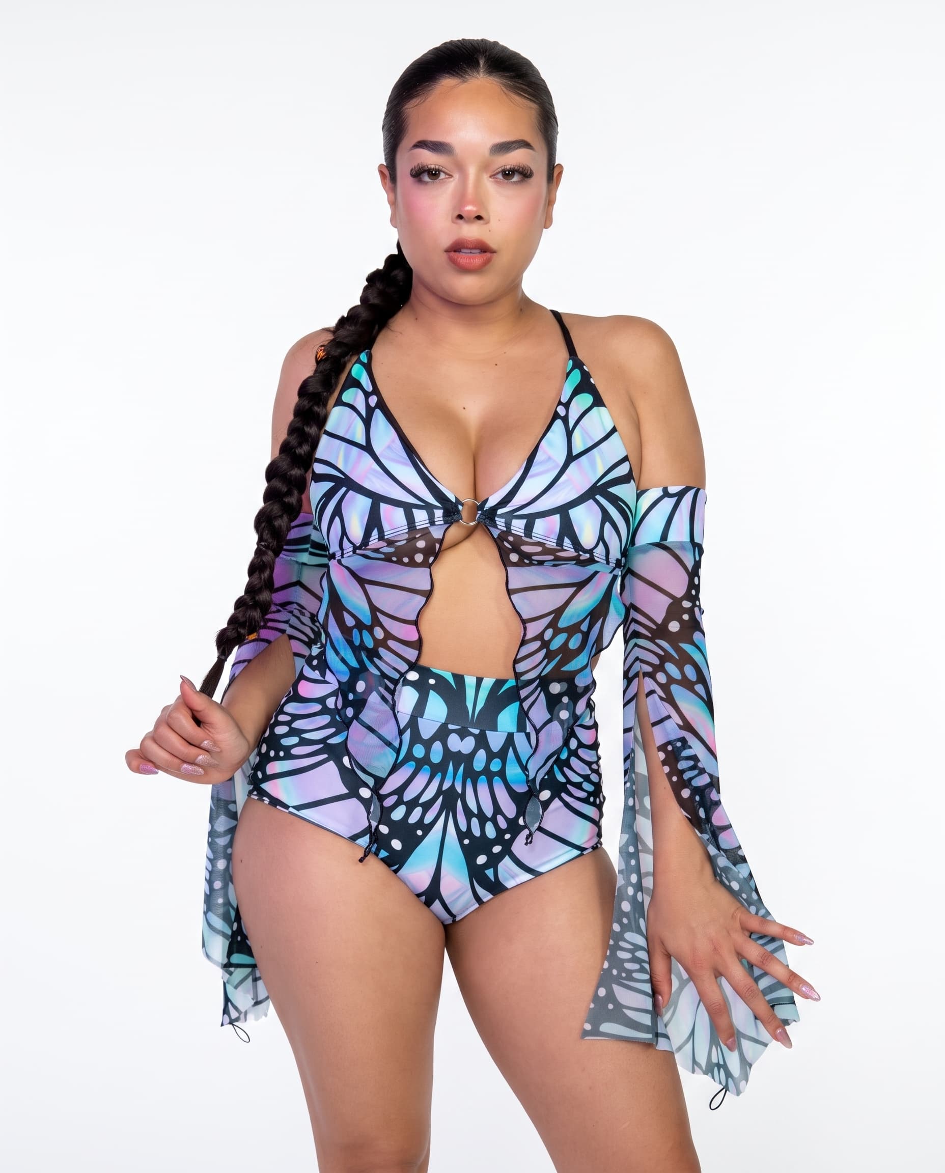 Gossamer Deep Sea Bikini Top, front view with pastel butterfly print, center ring and sheer hanging panels