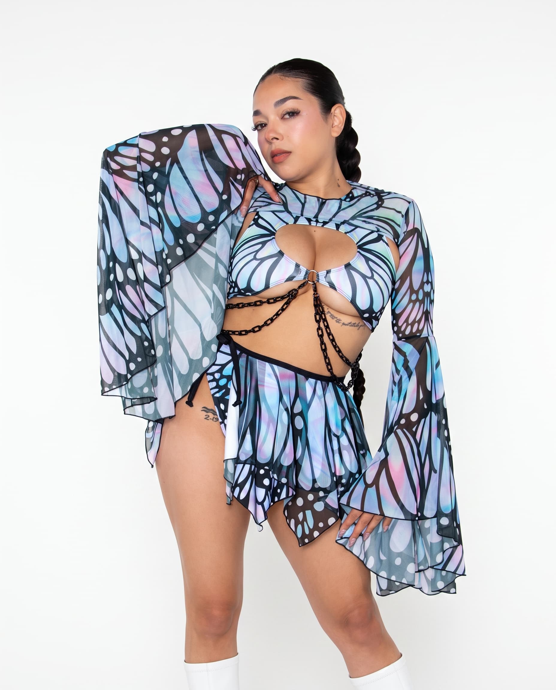 Gossamer Mesh Bell Sleeves, front view with one arm raised showing sheer butterfly print and flared cuffs